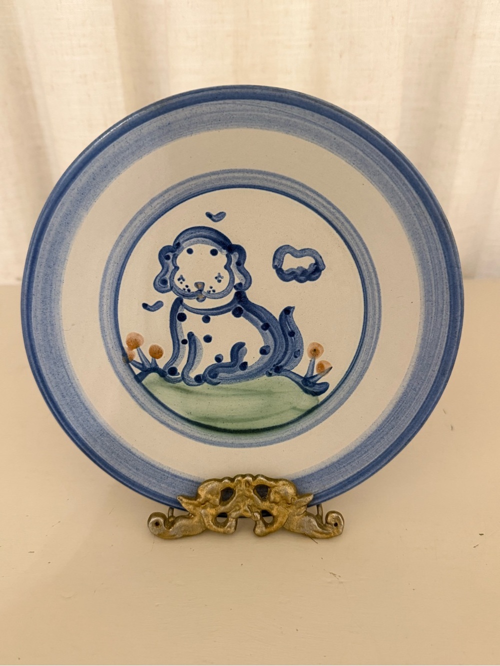 Vintage MA Hadley Dog 7.5” Salad Dessert Plate Country Scene Blue Signed